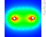 (Colour coded contours showing the electron density about two hydrogen atoms (shown in white) in a hydrogen (H<sub>2</sub>) molecule.)