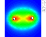 (Contour map of electron density distribution in the hydrogen H<sub>2</sub> molecule, indicating enhancement of electron density between the nuclei.)