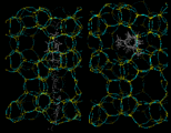 (Calculated trajectories for the diffusion of p-xylene (on left) and m-xylene in ZSM-5 (on right).)