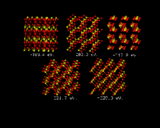 (Sequence of configurations in the energy minimization of TiO<sub>2</sub>, starting from the initial random arrangement of Ti and O atoms (top left) through successive structures to the energy minimized structure of rutile (bottom right).)