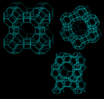 (Structures of zeolite A (left) and Y (upper right) and of ZSM-5 (lower right).)